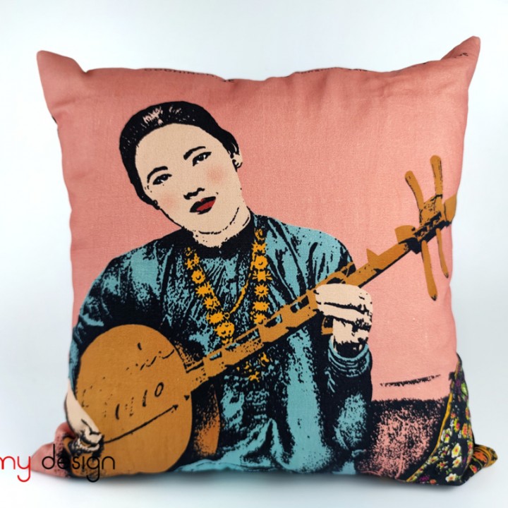 Cushion cover printed Vietnamese ethnic woman- Miss Chau/ light pink